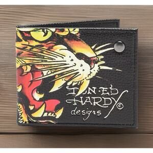 Ed Hardy Pebbled Black Faux Leather Bifold Wallet Roaring Tiger New In Box